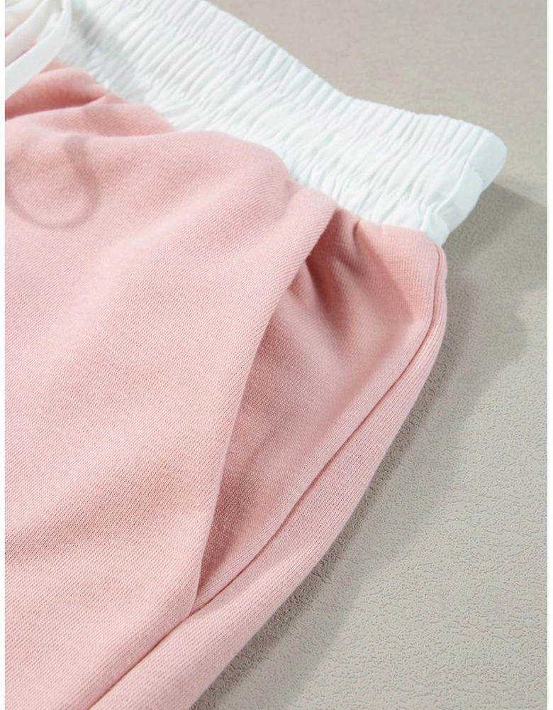 Light Pink Contrast Trim Ruffled Top and Drawstring Shorts Set