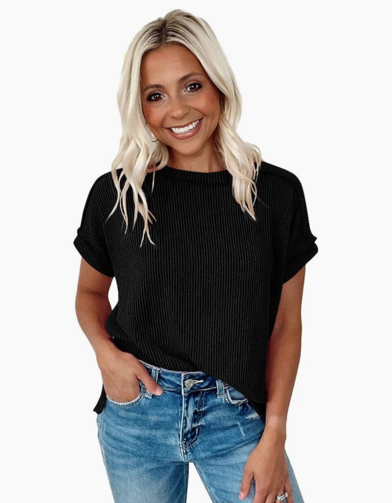 Black Textured Knit Exposed Stitching T-shirt