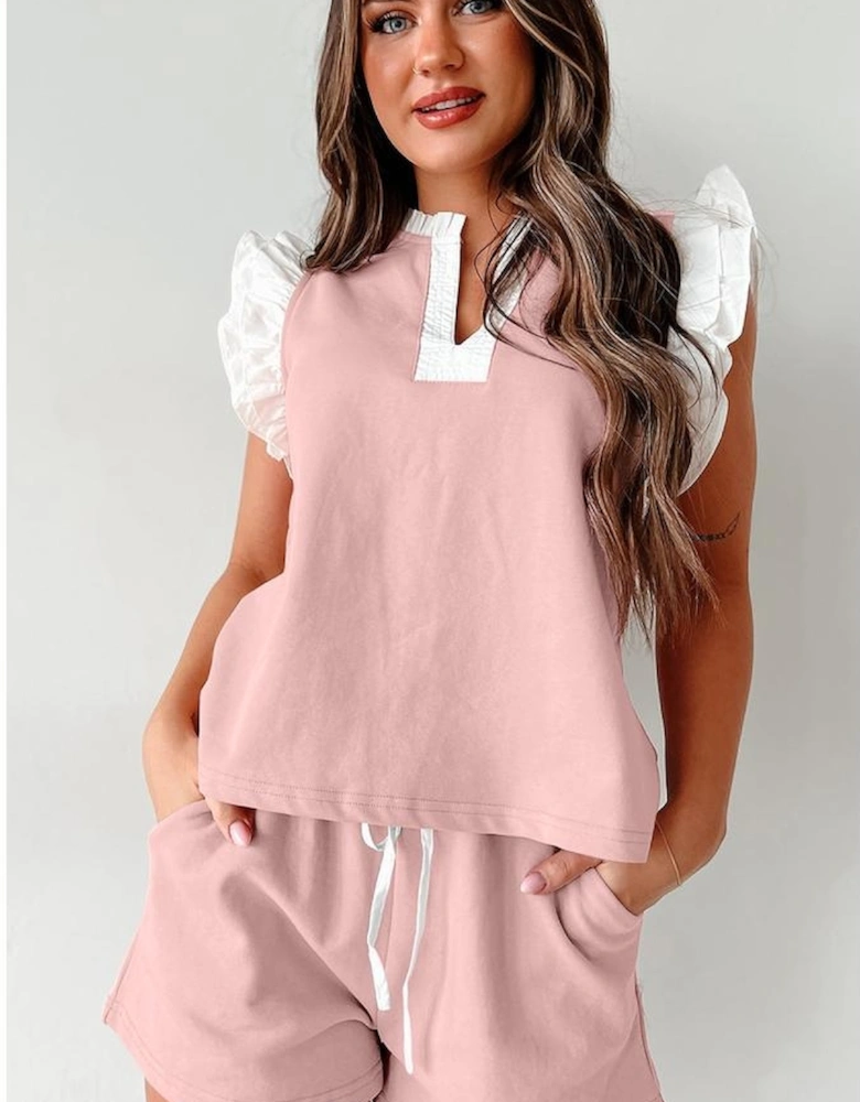 Light Pink Contrast Trim Ruffled Top and Drawstring Shorts Set