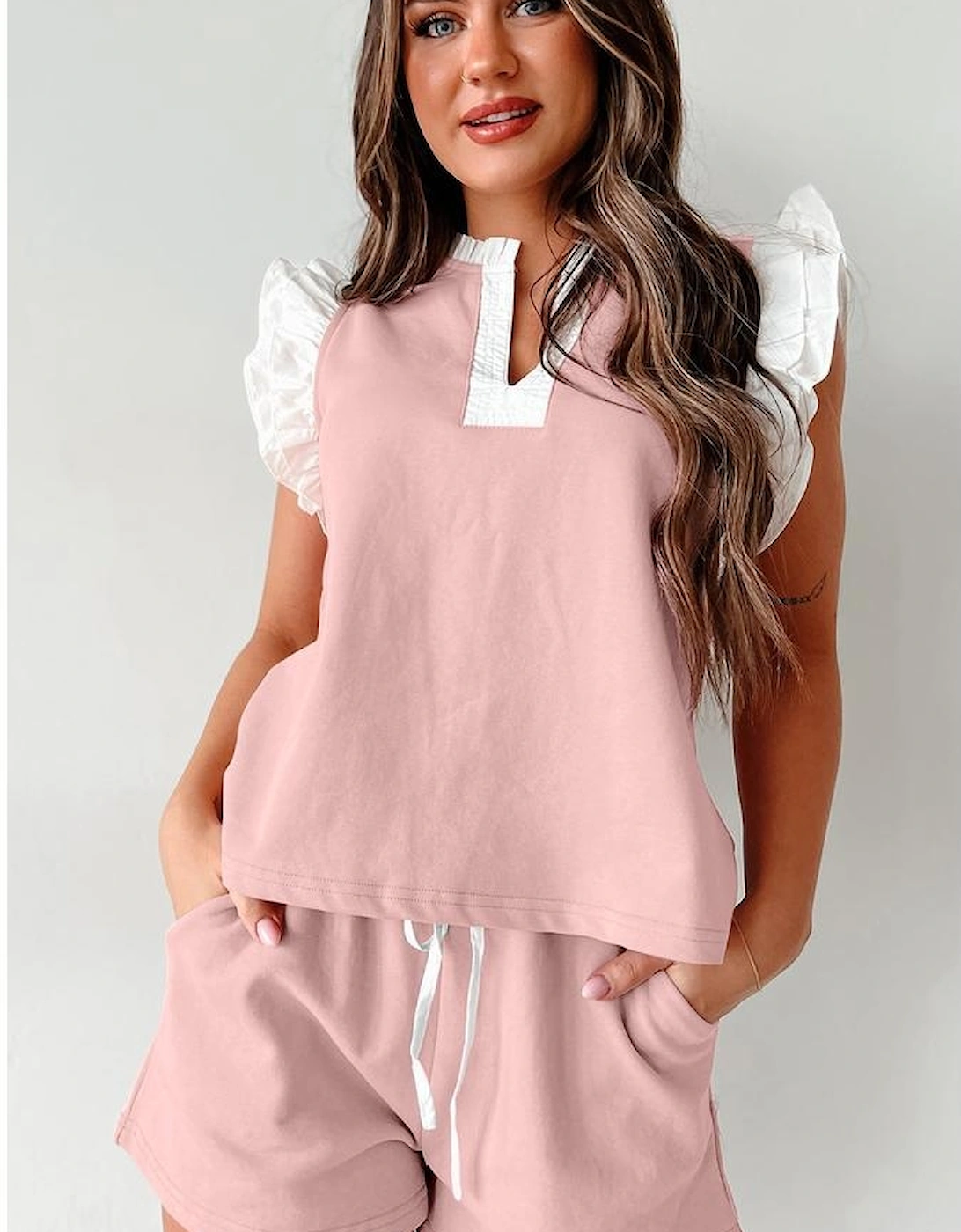 Light Pink Contrast Trim Ruffled Top and Drawstring Shorts Set