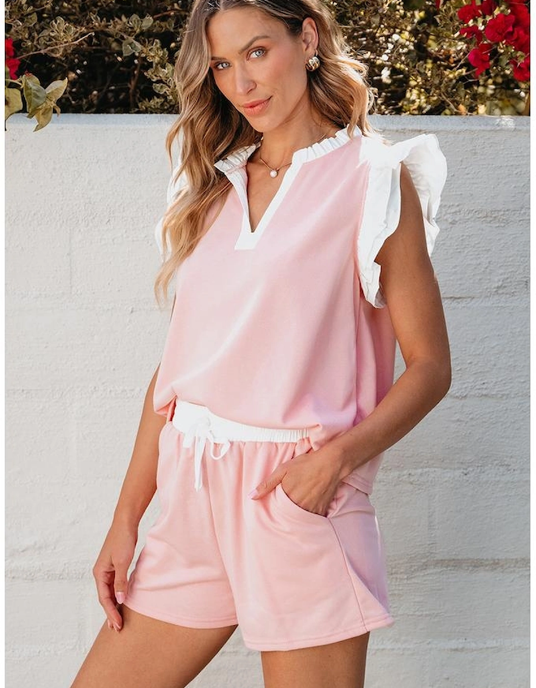Light Pink Contrast Trim Ruffled Top and Drawstring Shorts Set