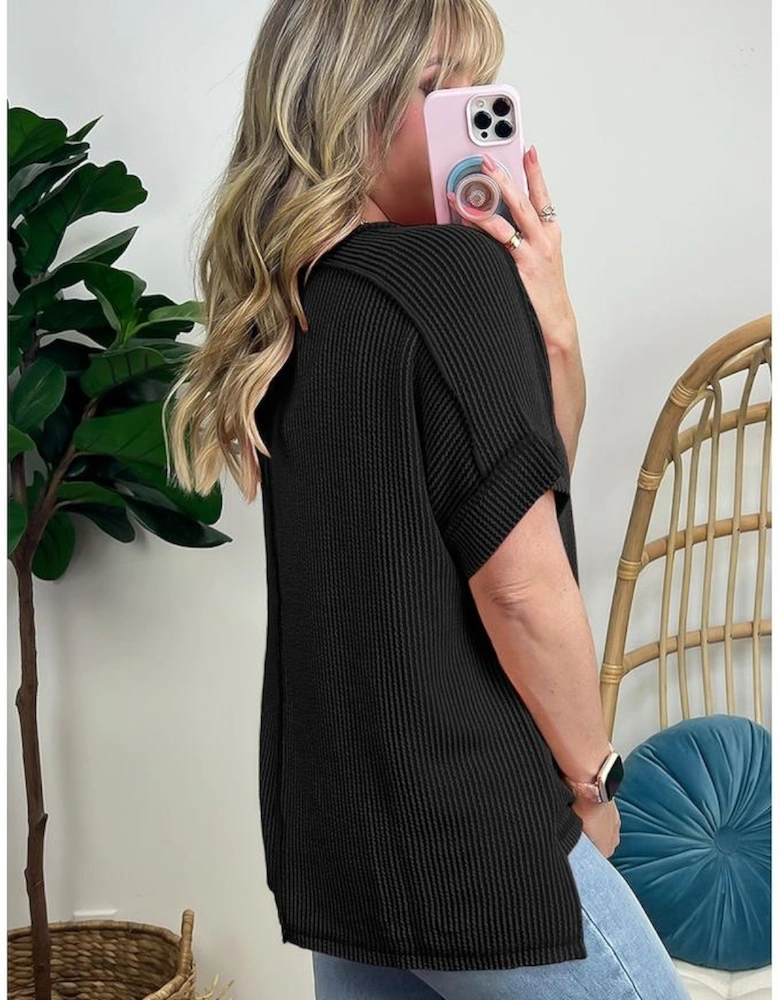 Black Textured Knit Exposed Stitching T-shirt