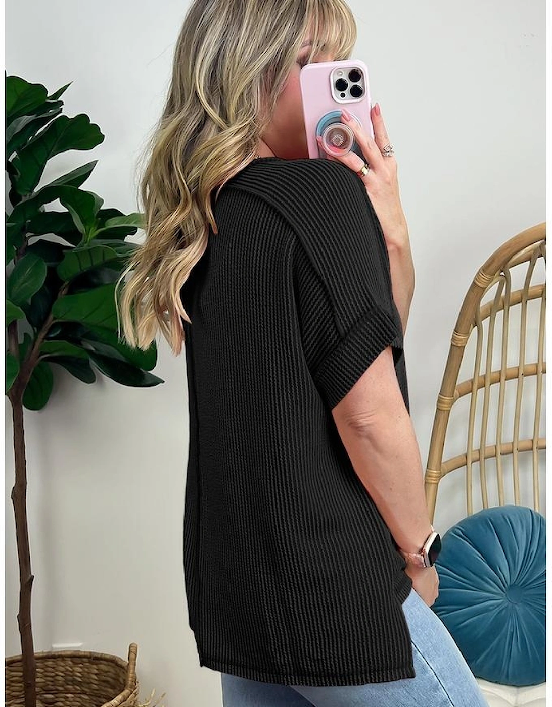 Black Textured Knit Exposed Stitching T-shirt, 6 of 5