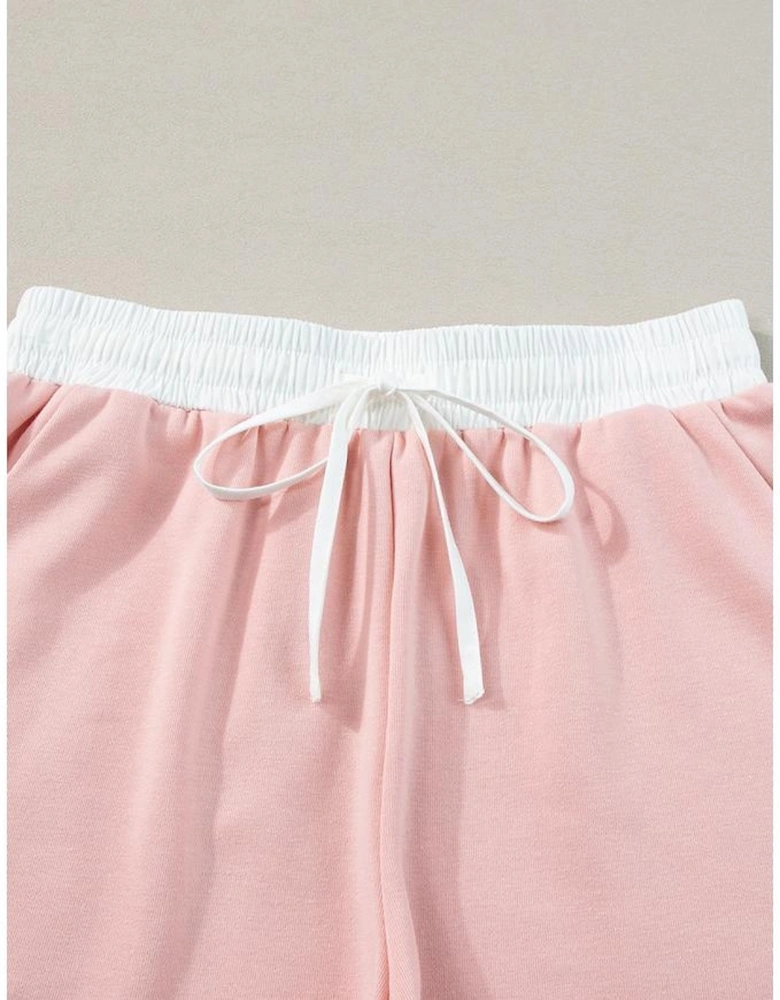 Light Pink Contrast Trim Ruffled Top and Drawstring Shorts Set