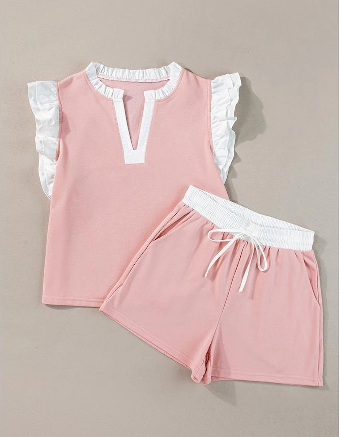 Light Pink Contrast Trim Ruffled Top and Drawstring Shorts Set