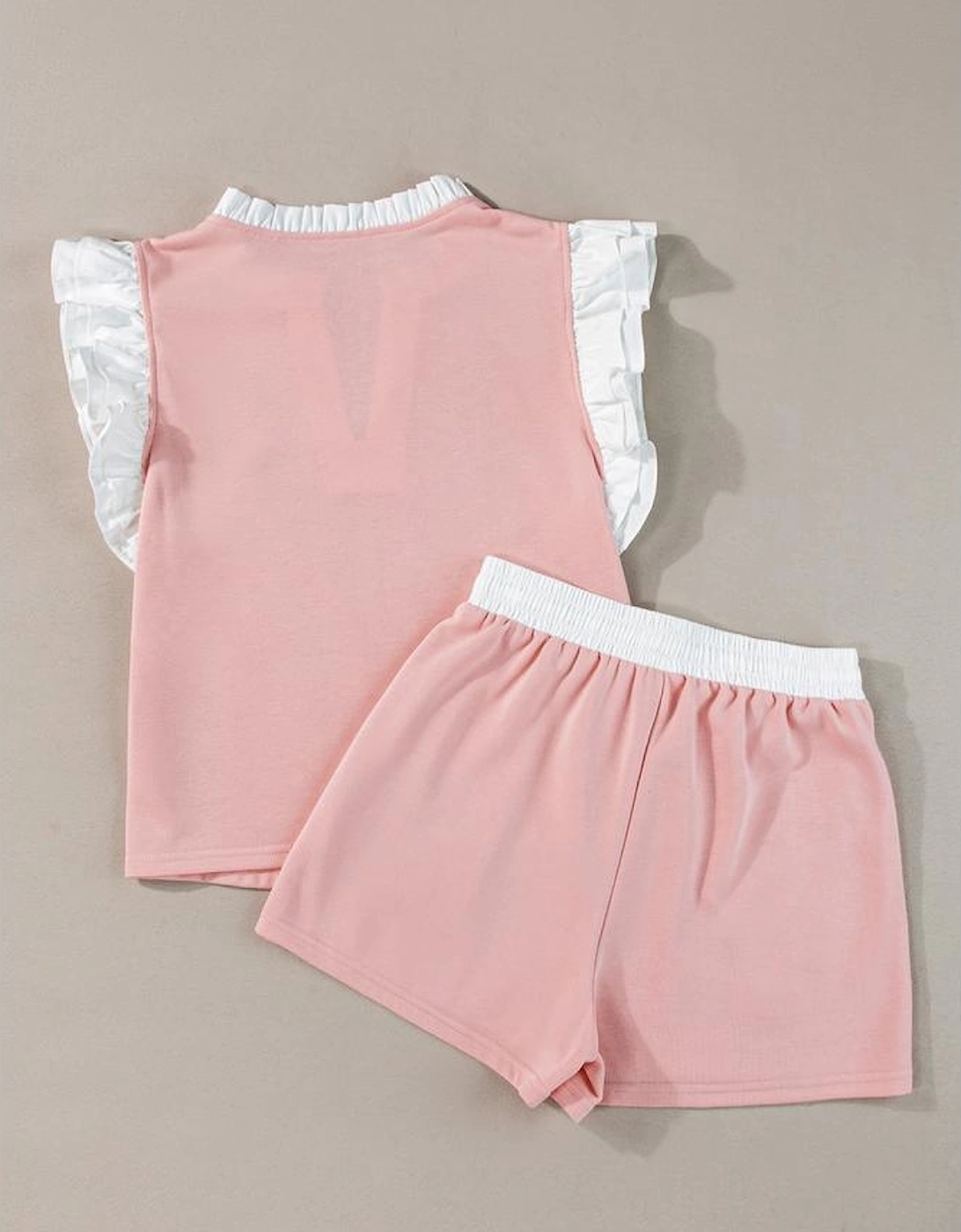 Light Pink Contrast Trim Ruffled Top and Drawstring Shorts Set