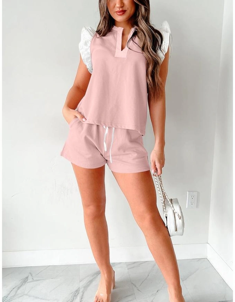 Light Pink Contrast Trim Ruffled Top and Drawstring Shorts Set