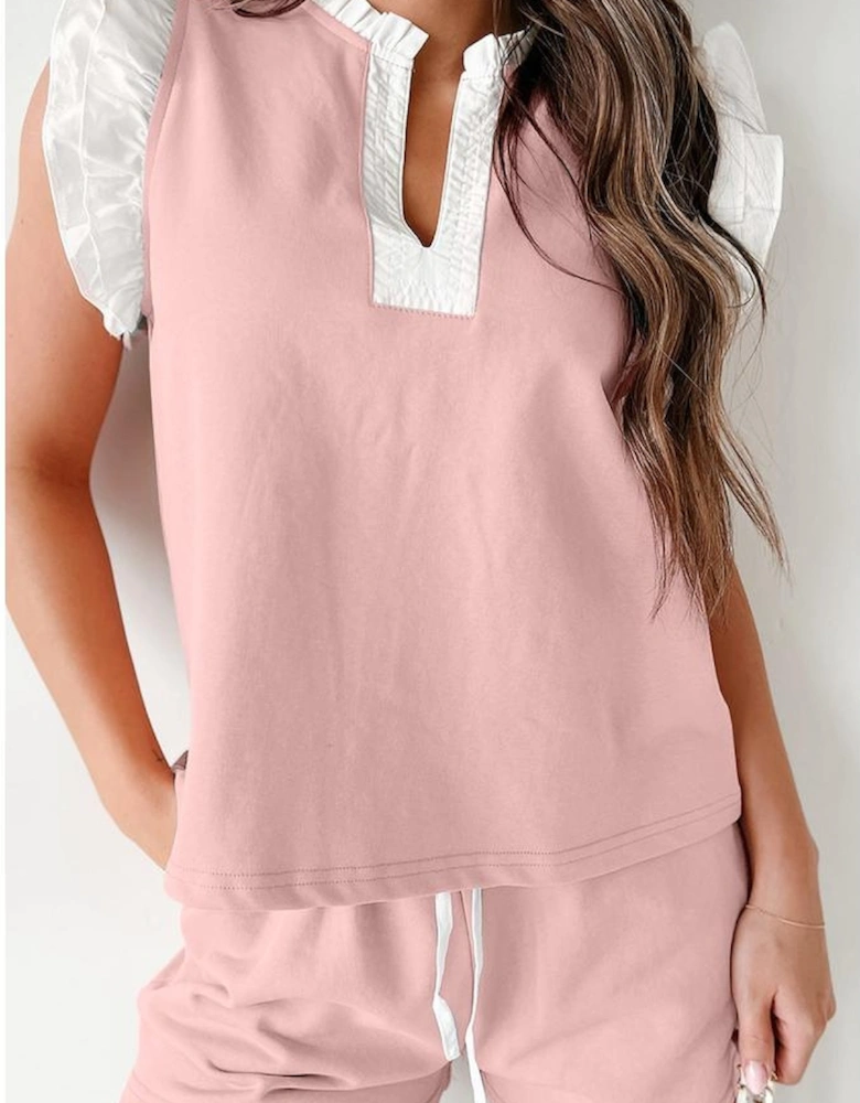 Light Pink Contrast Trim Ruffled Top and Drawstring Shorts Set