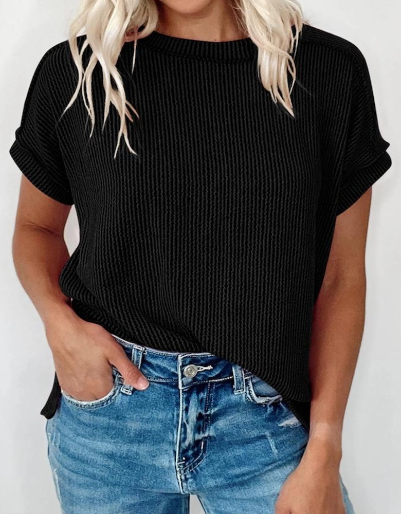 Black Textured Knit Exposed Stitching T-shirt