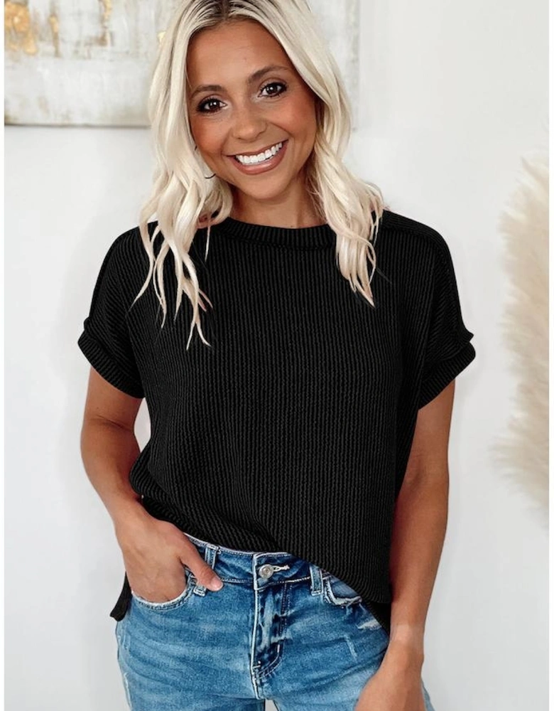 Black Textured Knit Exposed Stitching T-shirt