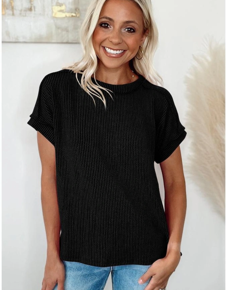Black Textured Knit Exposed Stitching T-shirt