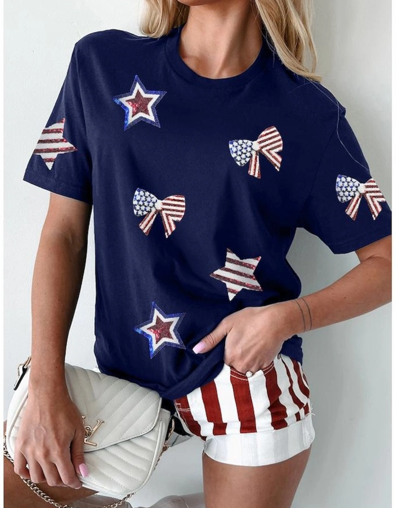 Blue Sequin USA Flag Bow Star Graphic Crewneck T Shirt