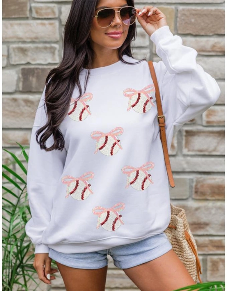 White Sequin Bow Baseball Patched Casual Sweatshirt