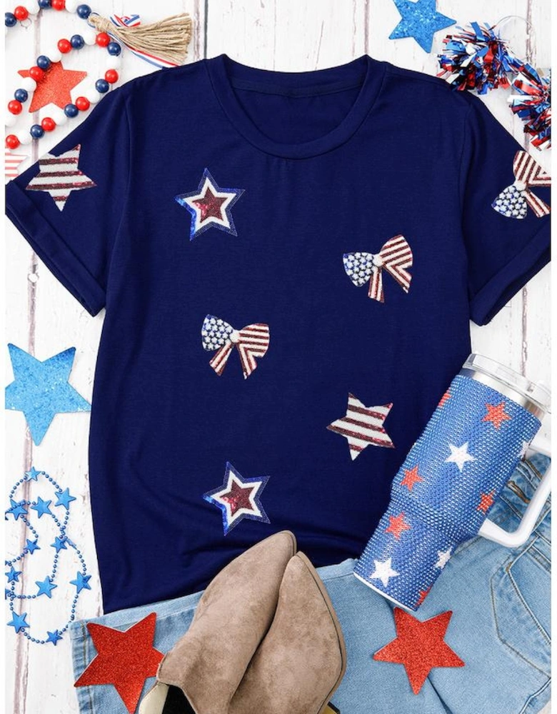 Blue Sequin USA Flag Bow Star Graphic Crewneck T Shirt