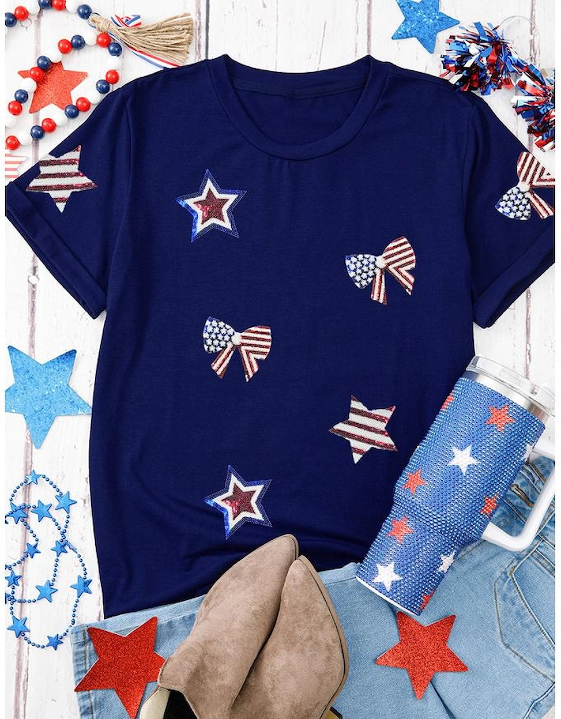 Blue Sequin USA Flag Bow Star Graphic Crewneck T Shirt, 8 of 7