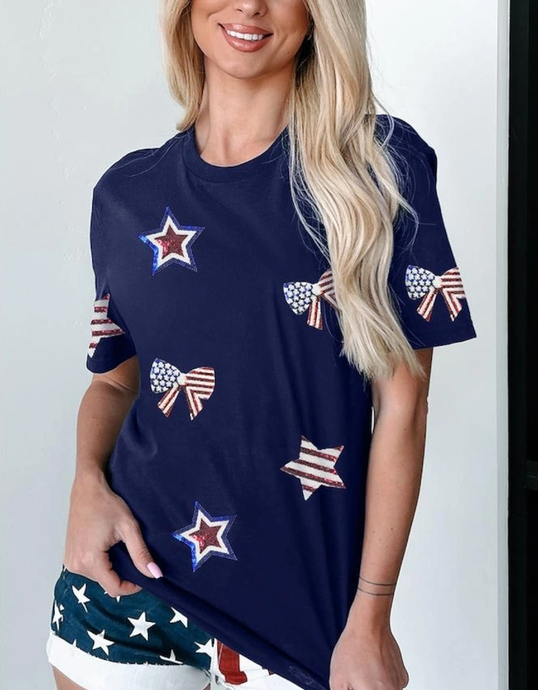 Blue Sequin USA Flag Bow Star Graphic Crewneck T Shirt