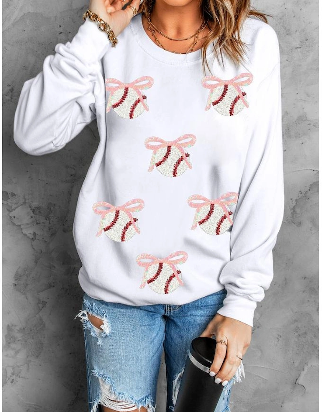 White Sequin Bow Baseball Patched Casual Sweatshirt