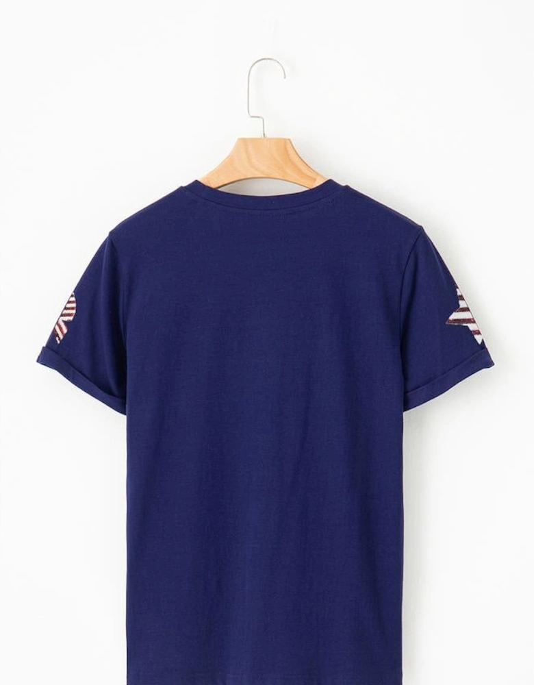 Blue Sequin USA Flag Bow Star Graphic Crewneck T Shirt