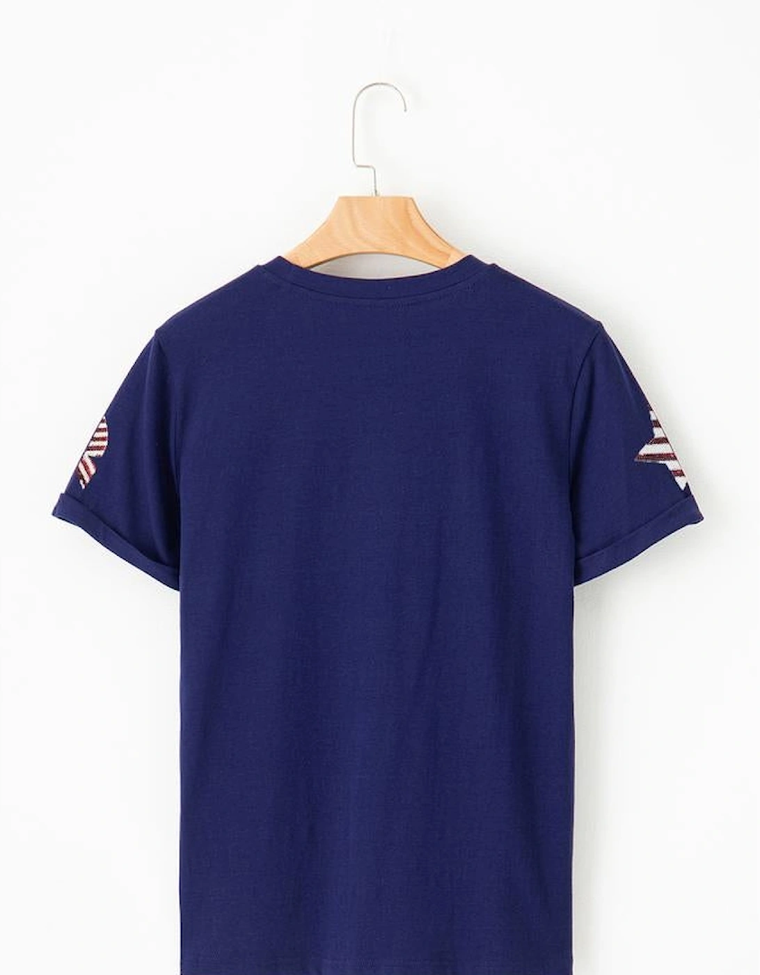 Blue Sequin USA Flag Bow Star Graphic Crewneck T Shirt