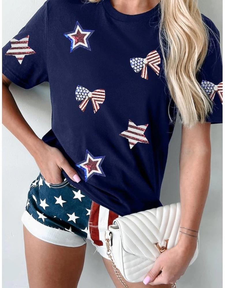 Blue Sequin USA Flag Bow Star Graphic Crewneck T Shirt