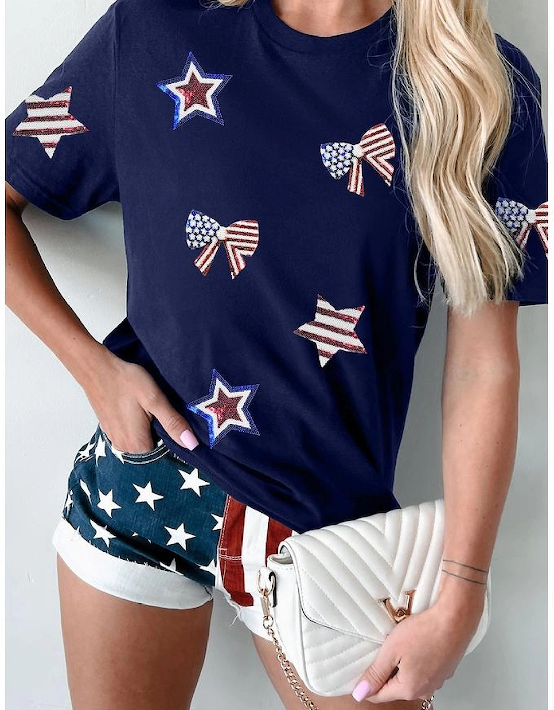 Blue Sequin USA Flag Bow Star Graphic Crewneck T Shirt