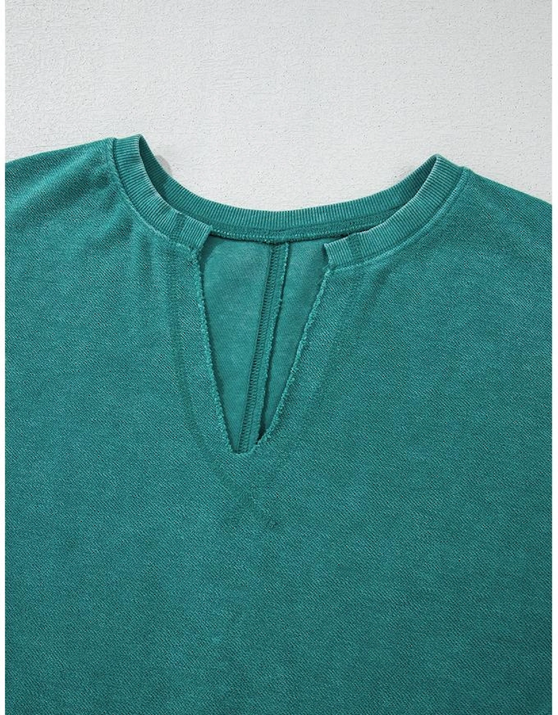 Skobeloff Solid Color Notched Neck Drop Shoulder Sweatshirt