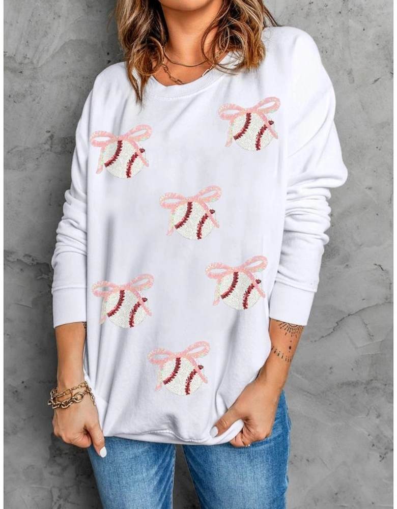 White Sequin Bow Baseball Patched Casual Sweatshirt