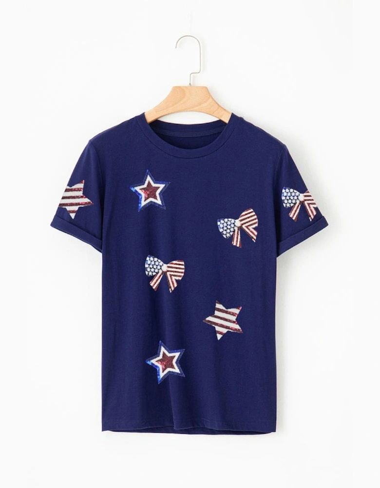 Blue Sequin USA Flag Bow Star Graphic Crewneck T Shirt