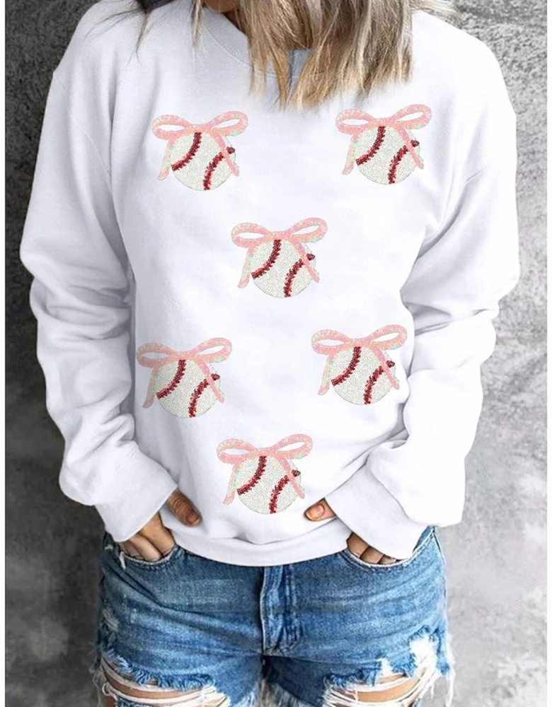 White Sequin Bow Baseball Patched Casual Sweatshirt