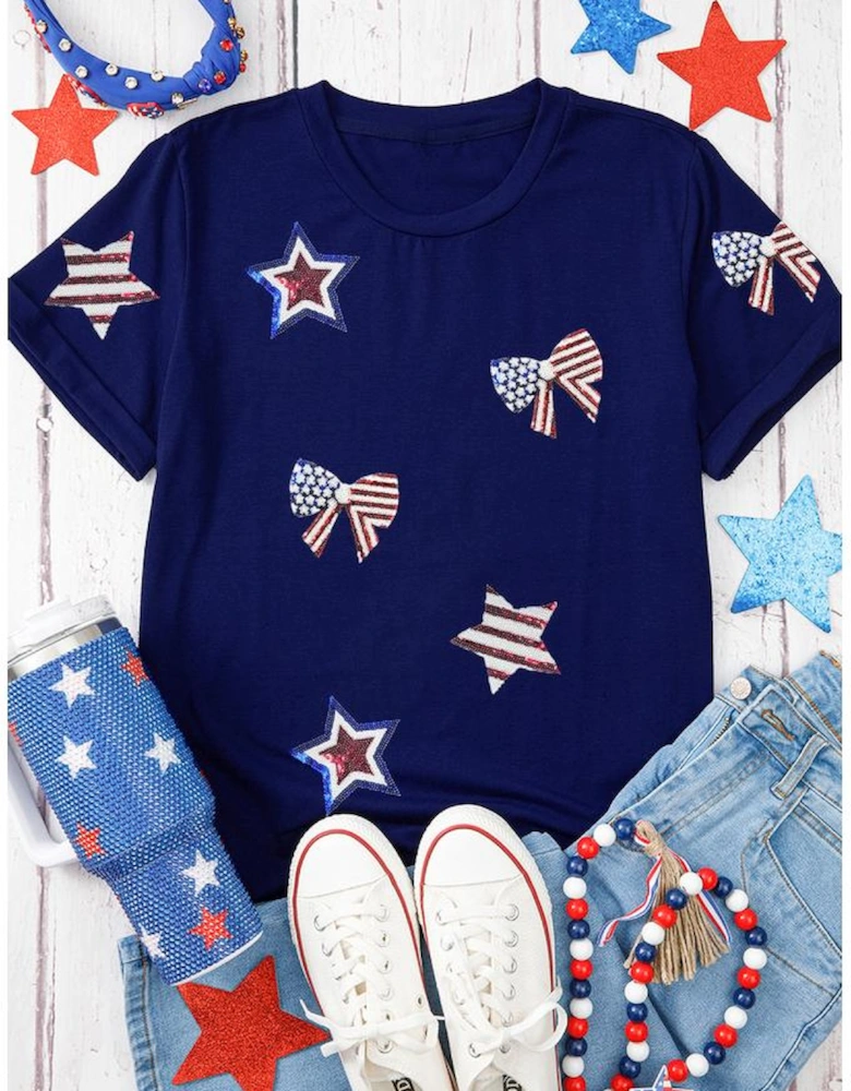 Blue Sequin USA Flag Bow Star Graphic Crewneck T Shirt