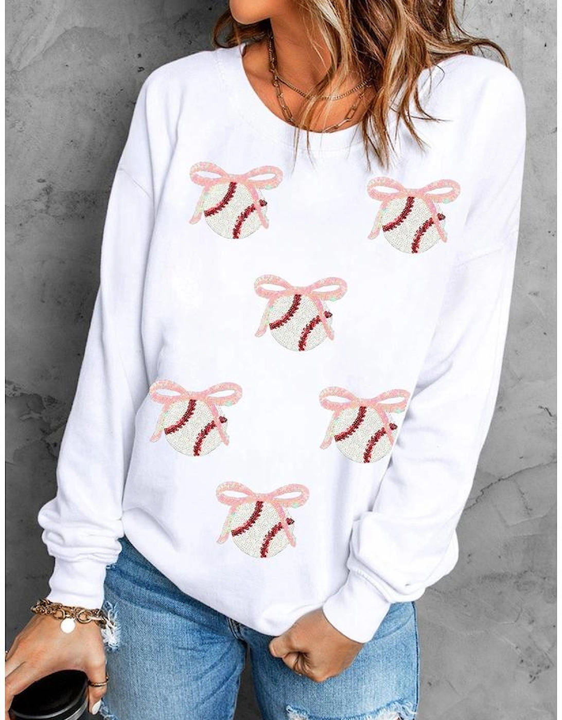 White Sequin Bow Baseball Patched Casual Sweatshirt