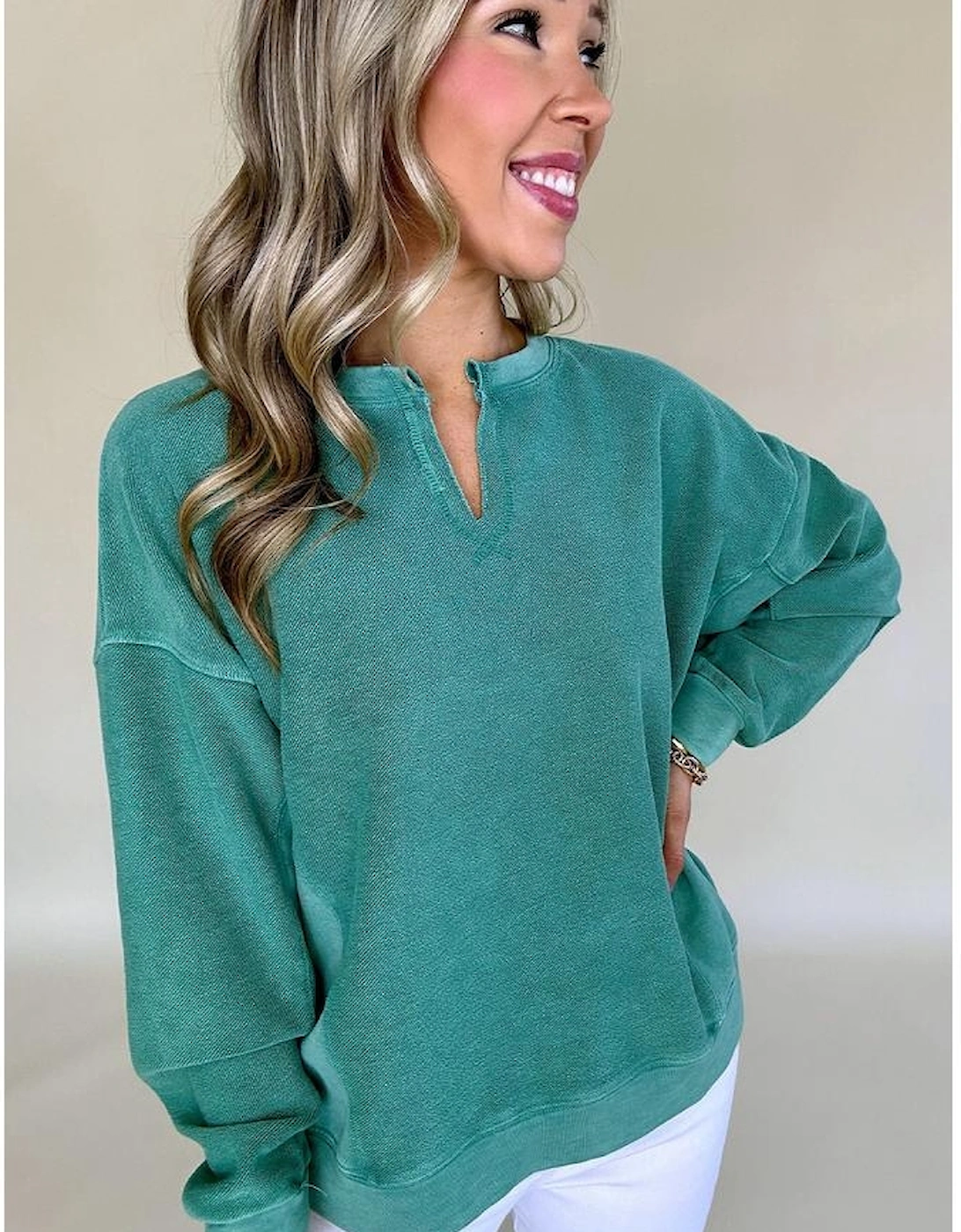 Skobeloff Solid Color Notched Neck Drop Shoulder Sweatshirt