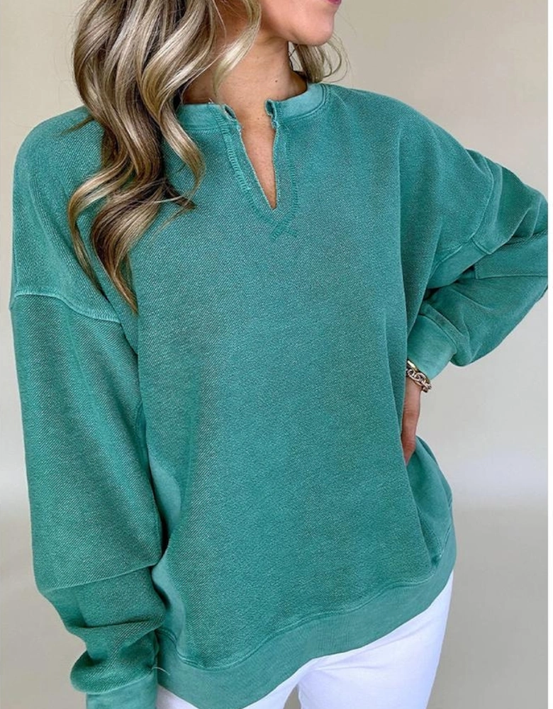 Skobeloff Solid Color Notched Neck Drop Shoulder Sweatshirt