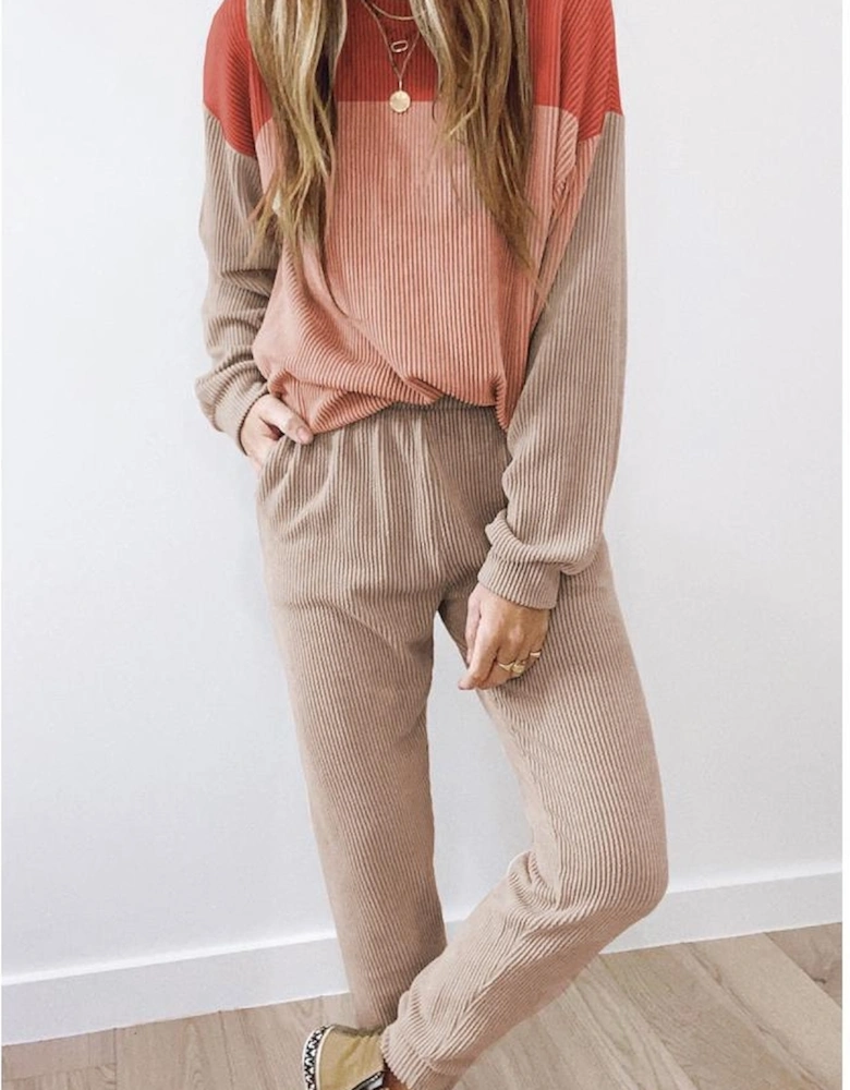 Fiery Red Corded 2pcs Colorblock Pullover and Pants Outfit