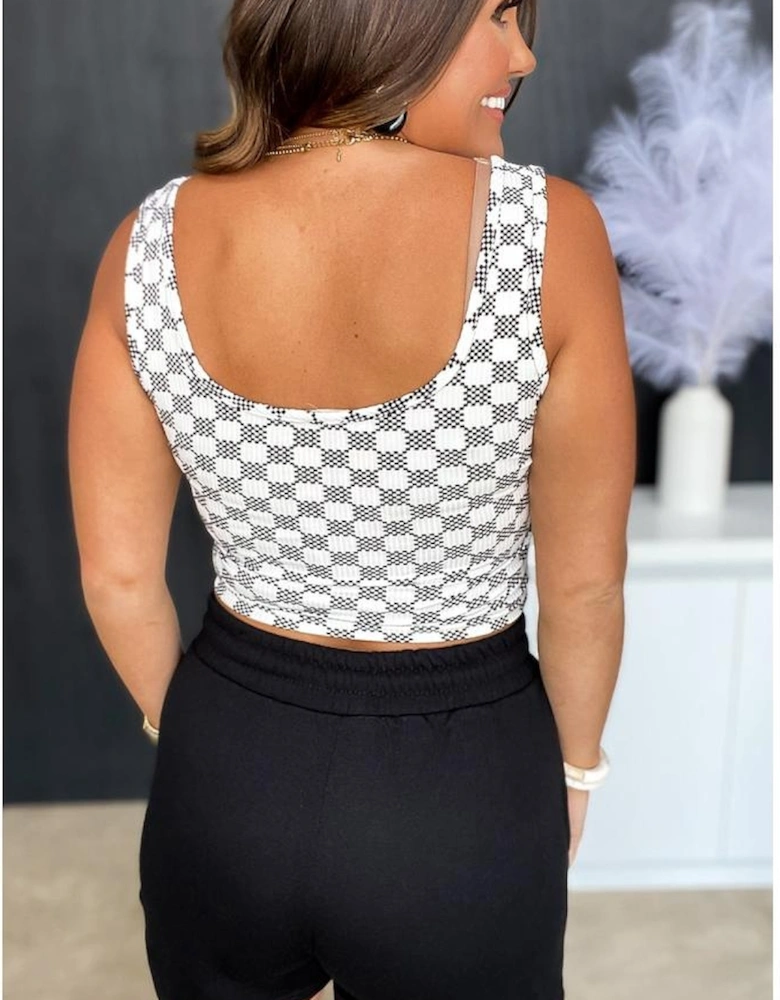 Black Checkered Print U Neck Cropped Tank Top