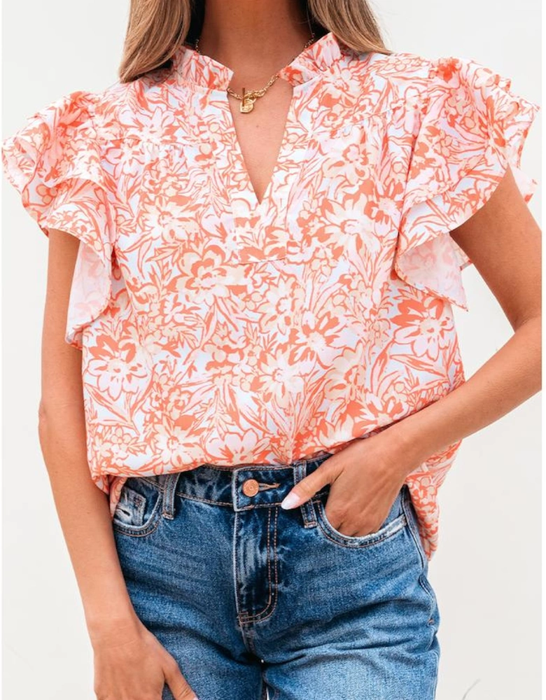 Orange Floral Ruffle Sleeve Split Neck Blouse