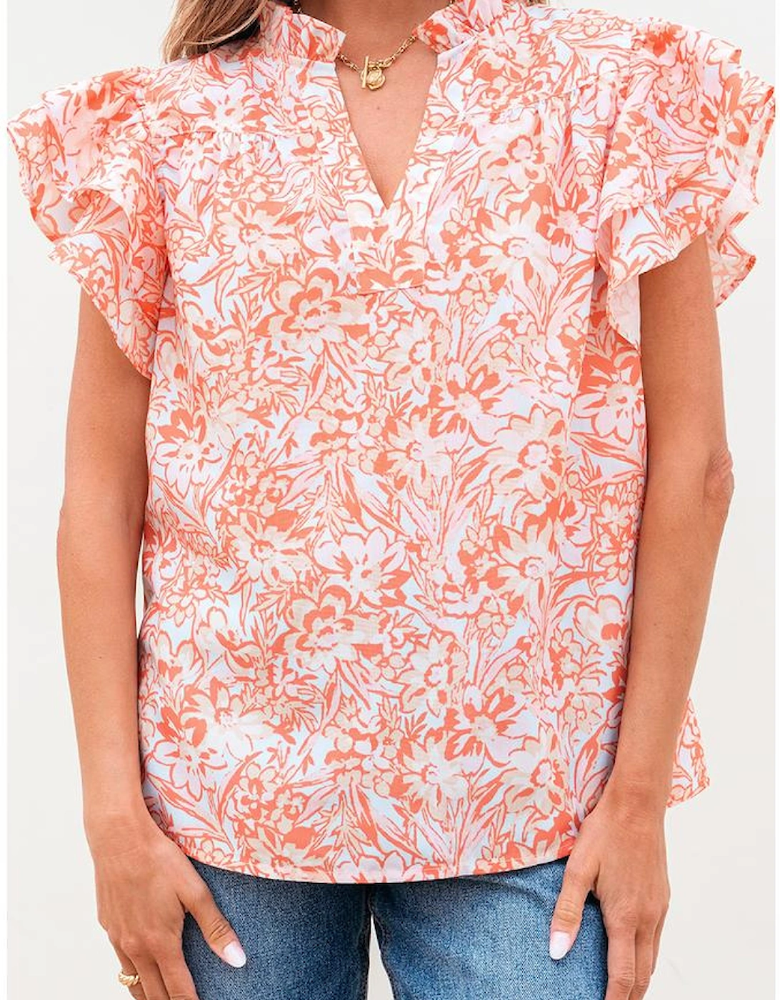 Orange Floral Ruffle Sleeve Split Neck Blouse