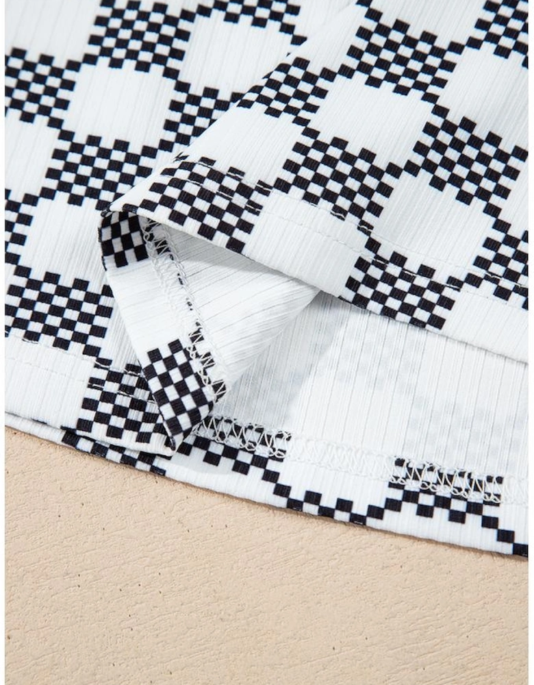 Black Checkered Print U Neck Cropped Tank Top