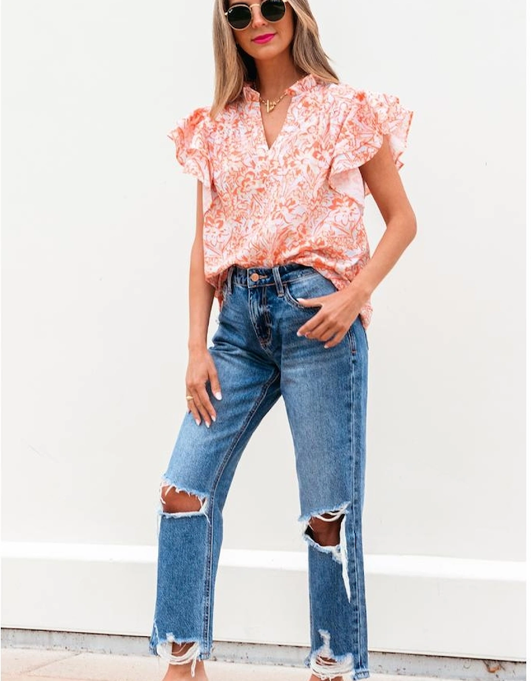 Orange Floral Ruffle Sleeve Split Neck Blouse