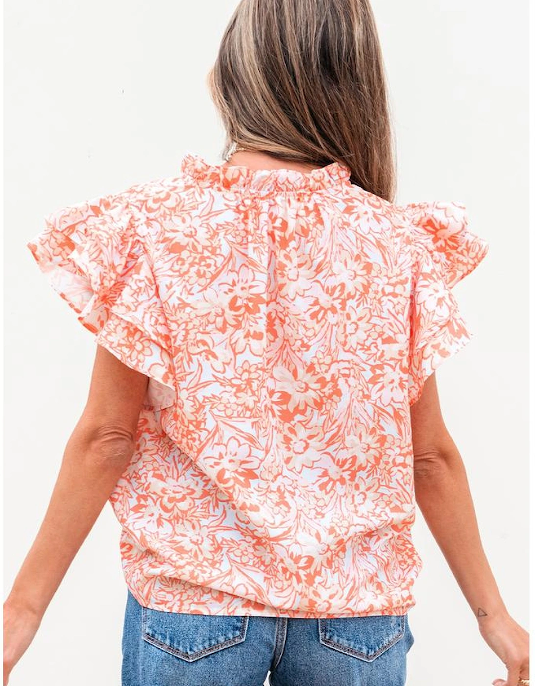 Orange Floral Ruffle Sleeve Split Neck Blouse, 16 of 15