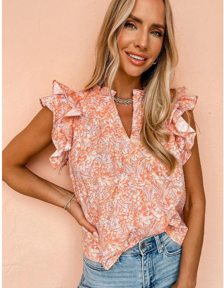 Orange Floral Ruffle Sleeve Split Neck Blouse