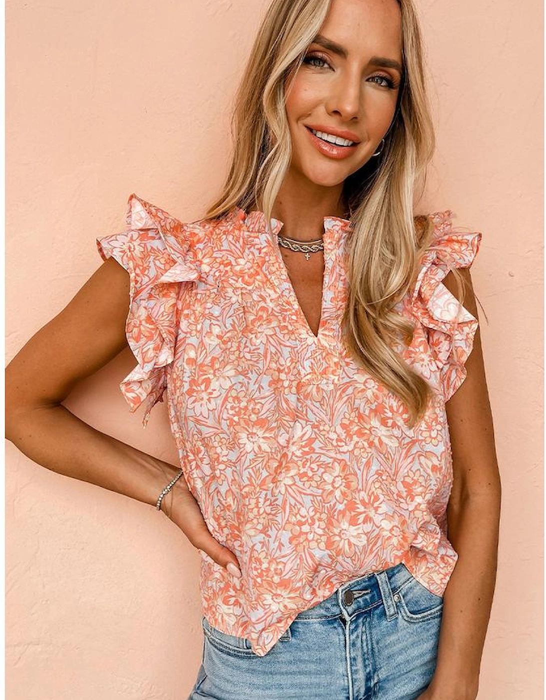 Orange Floral Ruffle Sleeve Split Neck Blouse