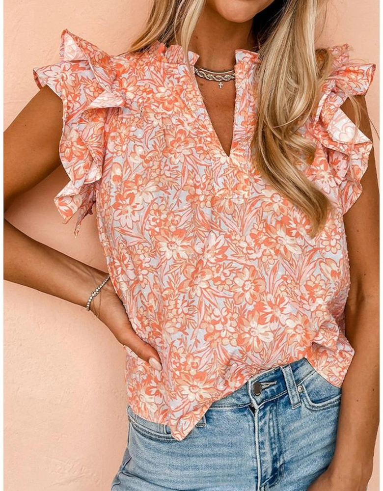 Orange Floral Ruffle Sleeve Split Neck Blouse