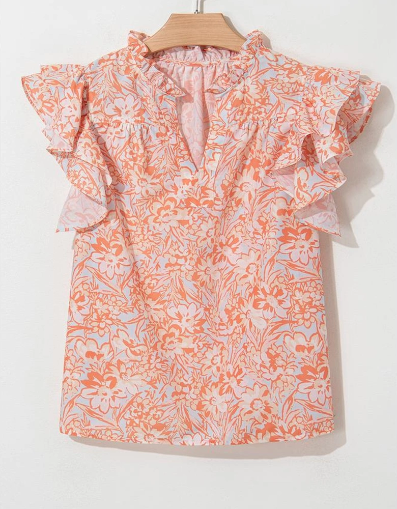 Orange Floral Ruffle Sleeve Split Neck Blouse