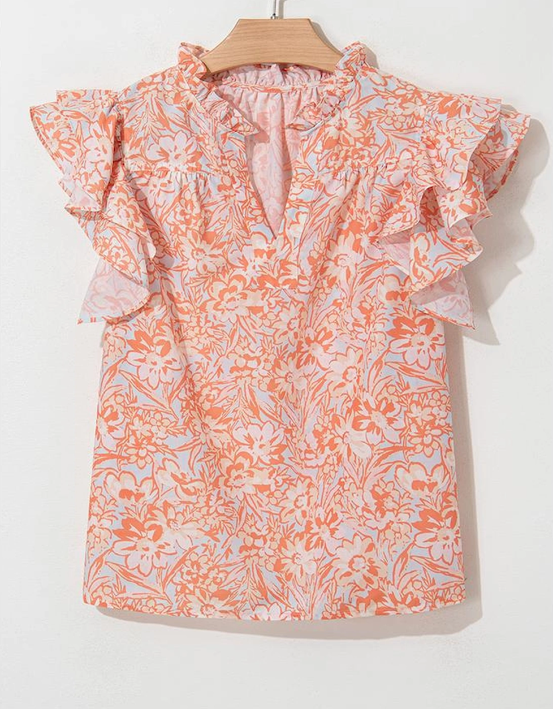 Orange Floral Ruffle Sleeve Split Neck Blouse