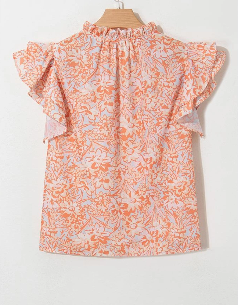 Orange Floral Ruffle Sleeve Split Neck Blouse