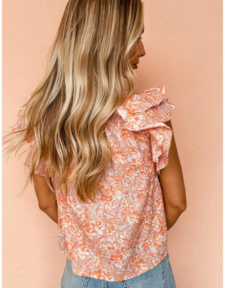 Orange Floral Ruffle Sleeve Split Neck Blouse