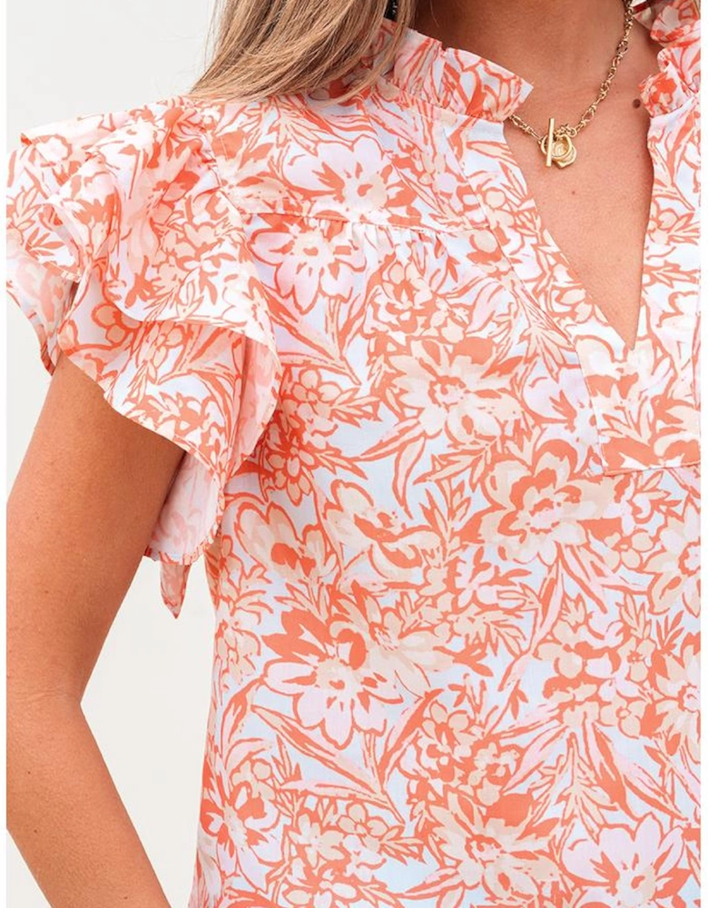 Orange Floral Ruffle Sleeve Split Neck Blouse