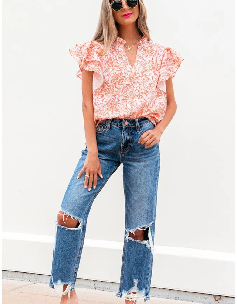 Orange Floral Ruffle Sleeve Split Neck Blouse