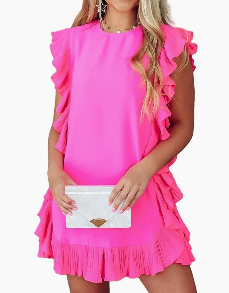 Bright Pink Solid Ruffled Edge Keyhole Back Mini Dress